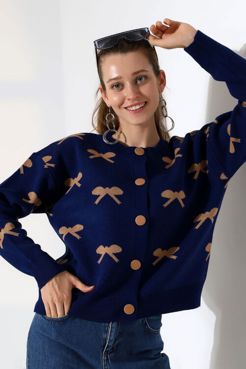 Lacivert Fiyonk Desenli Düğmeli Triko Hırka BCES-252044