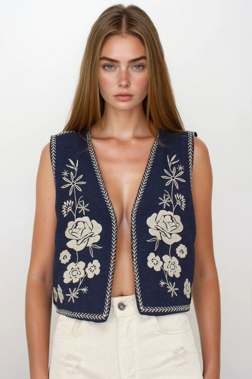 Lacivert Nakış Detaylı Astarlı Dokulu Crop Yelek BCHESQ-251145