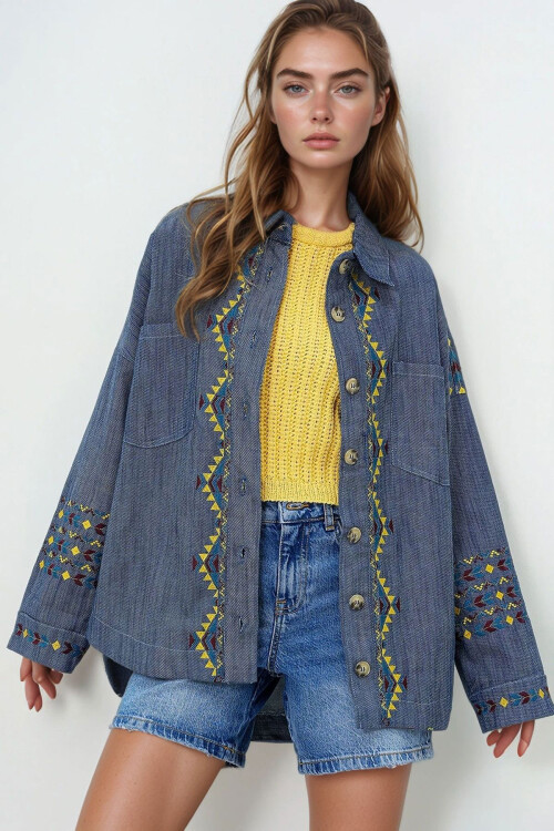 Lacivert Nakış İşlemeli Gabardin Oversize Gömlek Ceket BCHESQ-251023