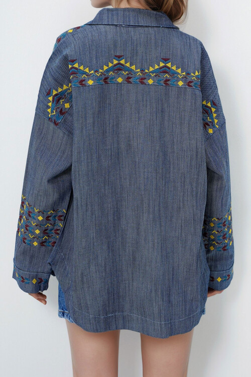 Lacivert Nakış İşlemeli Gabardin Oversize Gömlek Ceket BCHESQ-251023