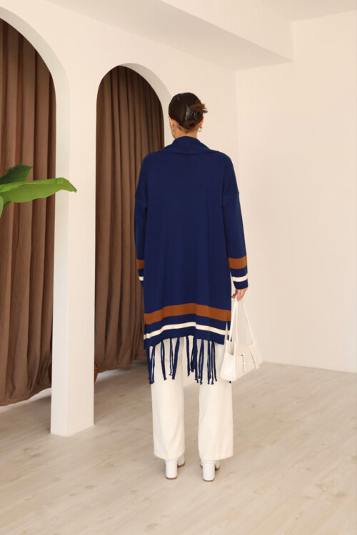 Lacivert Püsküllü Renk Bloklu Uzun Triko Hırka BCES-253002