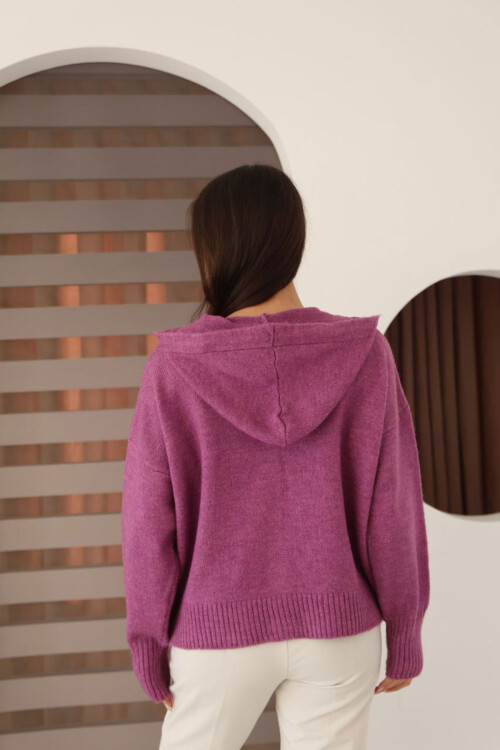 Lila Düğmeli Kapüşonlu Soft Touch Triko Hırka BCES-253009