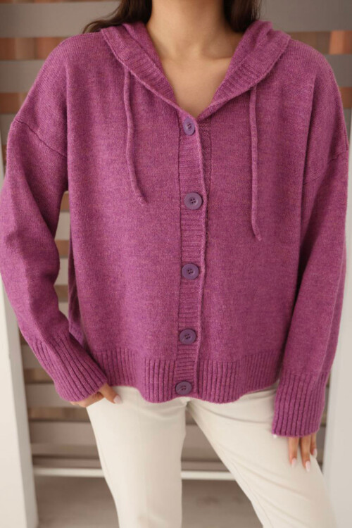 Lila Düğmeli Kapüşonlu Soft Touch Triko Hırka BCES-253009