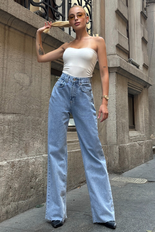 Mavi 5 Cepli Paçası Püsküllü Bol Paça Jean BCHNW-251193