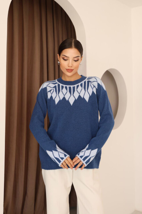 Mavi Bisiklet Yaka Desenli Triko Kazak BCES-253003