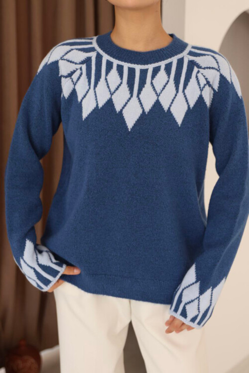 Mavi Bisiklet Yaka Desenli Triko Kazak BCES-253003