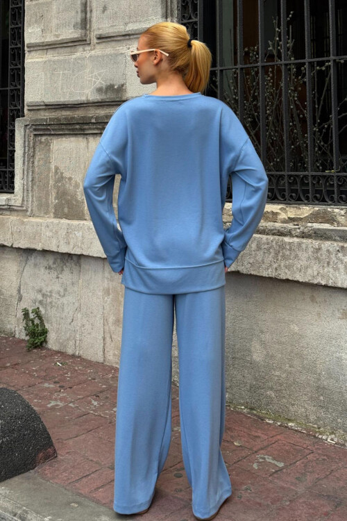 Mavi Bisiklet Yaka Yırtmaç Detaylı Bluz Ve Rahat Kesim Pantolon Modal Alt Üst Takım BCVL-25V215