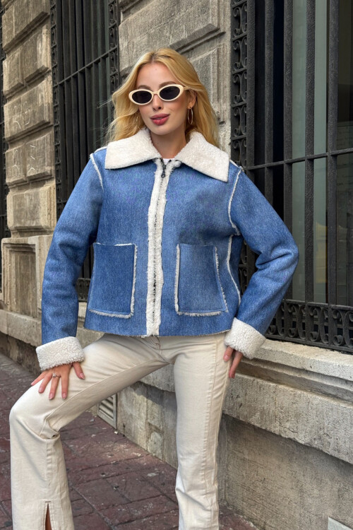 Mavi Çift Cepli İçi Suni Kürklü Biker Ceket