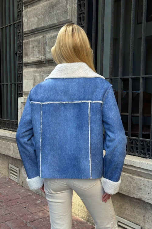 Mavi Çift Cepli İçi Suni Kürklü Biker Ceket