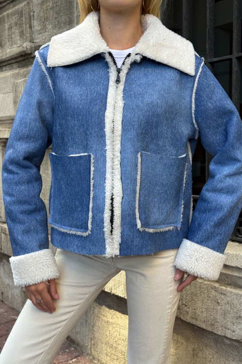 Mavi Çift Cepli İçi Suni Kürklü Biker Ceket