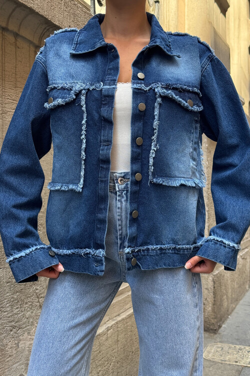 Mavi Çift Cepli Püskül Detaylı Eskitmeli Jean Ceket BCHESQ-251151