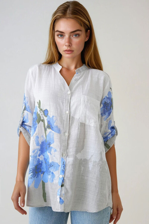 Mavi Hakim Yaka Çiçek Desenli Keten Gömlek BCHPK-251211