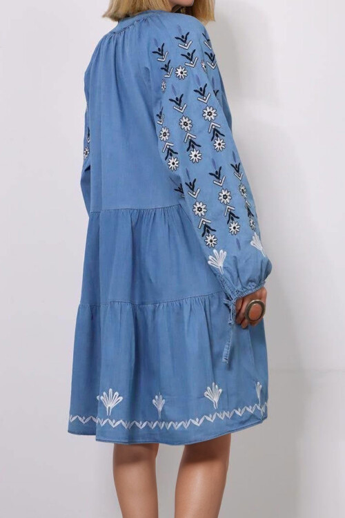 Mavi Hakim Yaka Nakış İşlemeli Jean Elbise BCHESQ-251105