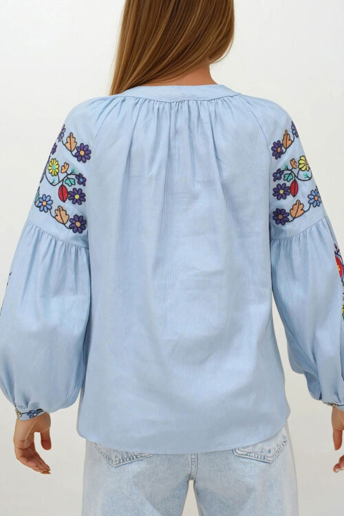 Mavi Hakim Yaka Püskül Bağcıklı Nakışlı Armürlü Dokuma Gömlek BCHESQ-251146