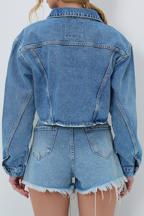 Mavi Yıpratmalı Vintage  Dikiş Detaylı Crop Jean Ceket BCHNW-251179