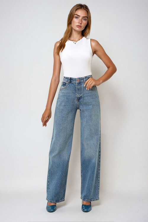 Mavi Yüksek Bel Palazzo Kesim Jean Pantolon BCHNW-251176