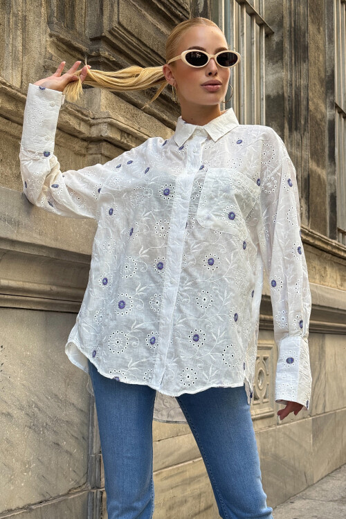 Mor Tek Cepli Önü Kısa Arkası Uzun Nakış İşlemeli Ajurlu Gömlek BCHESQ-251154