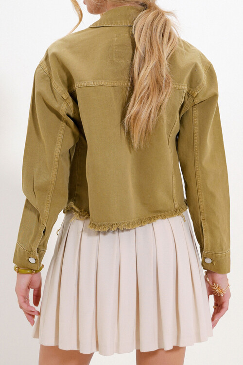 Olive Çift Cepli Püskül Detaylı Crop Jean Ceket BCHNW-251173