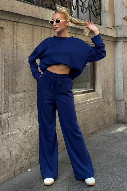 Saks Bisiklet Yaka Yırtmaç Detaylı Bluz Ve Rahat Kesim Pantolon Modal Alt Üst Takım BCVL-25V215