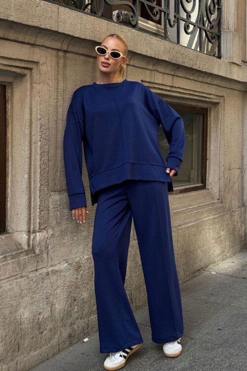 Saks Bisiklet Yaka Yırtmaç Detaylı Bluz Ve Rahat Kesim Pantolon Modal Alt Üst Takım BCVL-25V215