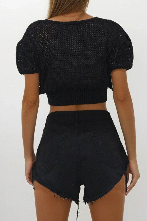 Siyah 4 Cepli Bağcık Detaylı Püsküllü Kot Şort BCHNW-251190