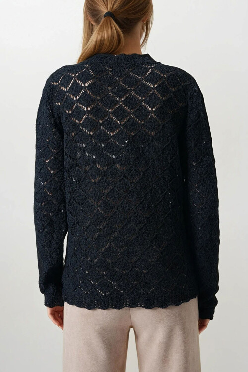 Siyah Ajurlu Çiçek Nakışlı Düğmeli Triko Hırka BCHESQ-251158