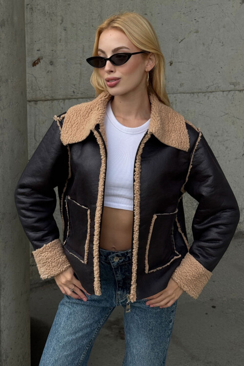Siyah Bej Çift Cepli İçi Suni Kürklü Biker Ceket BCVL-25V217