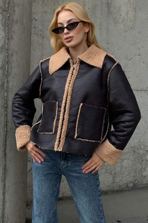Siyah Bej Çift Cepli İçi Suni Kürklü Biker Ceket BCVL-25V217