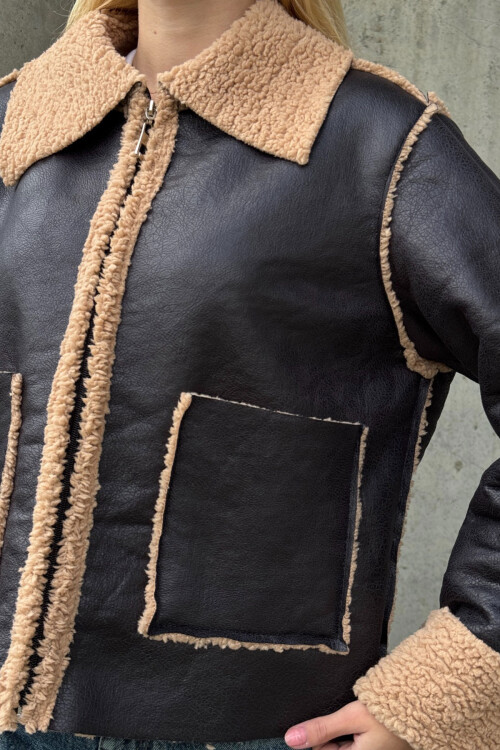 Siyah Bej Çift Cepli İçi Suni Kürklü Biker Ceket BCVL-25V217