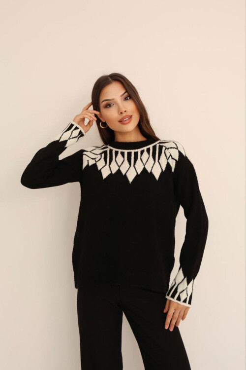 Siyah Bisiklet Yaka Desenli Triko Kazak BCES-253003