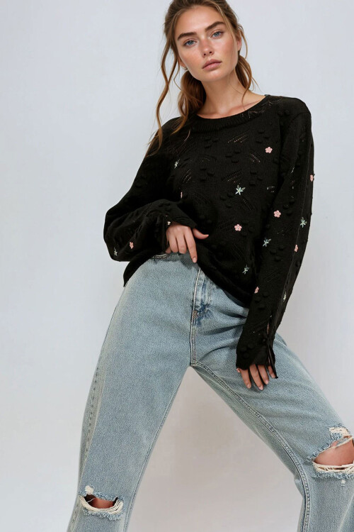 Siyah Bisiklet Yaka Nakışlı Triko Kazak BCHESQ-251021