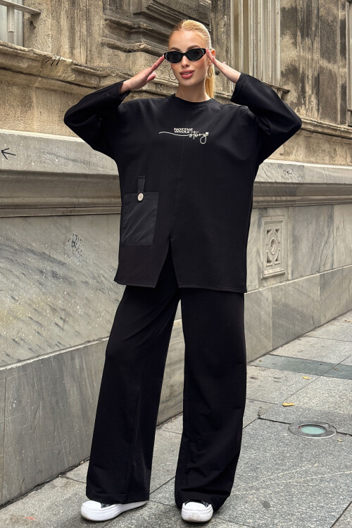 Siyah Cep Detaylı 2 İplik Örme Bluz Ve Pantolon Alt Üst Takım BCVL-25V227