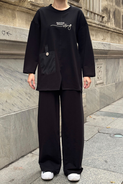 Siyah Cep Detaylı 2 İplik Örme Bluz Ve Pantolon Alt Üst Takım BCVL-25V227