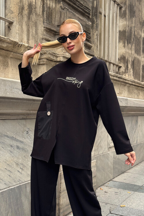 Siyah Cep Detaylı 2 İplik Örme Bluz Ve Pantolon Alt Üst Takım BCVL-25V227