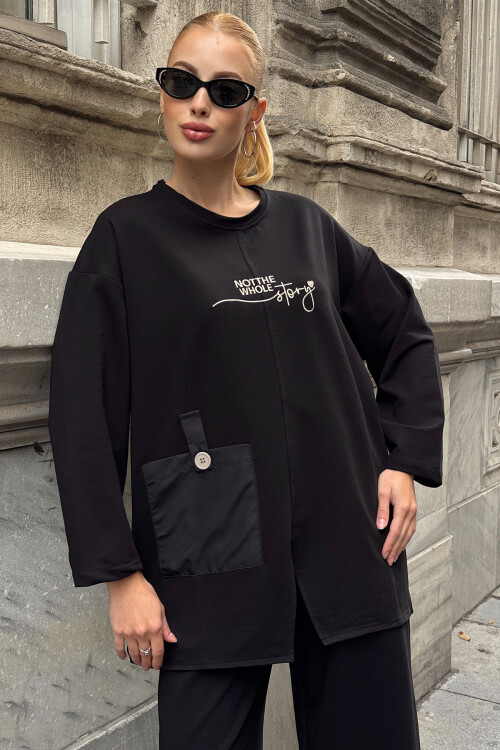 Siyah Cep Detaylı 2 İplik Örme Bluz Ve Pantolon Alt Üst Takım BCVL-25V227