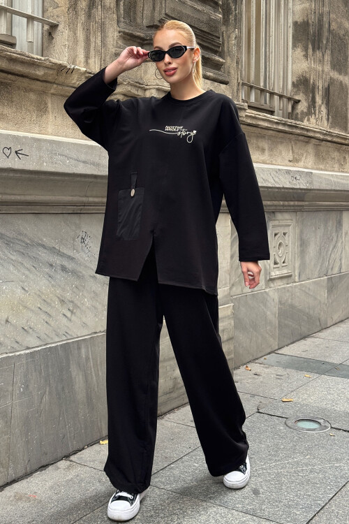 Siyah Cep Detaylı 2 İplik Örme Bluz Ve Pantolon Alt Üst Takım BCVL-25V227