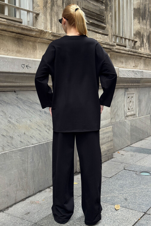 Siyah Cep Detaylı 2 İplik Örme Bluz Ve Pantolon Alt Üst Takım BCVL-25V227