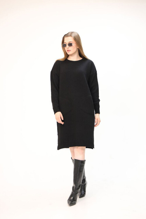 Siyah Çift Cepli Bisiklet Yaka Tunik Elbise BCES-252022-1