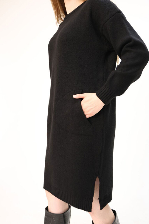 Siyah Çift Cepli Bisiklet Yaka Tunik Elbise BCES-252022-1