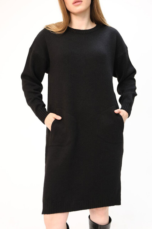 Siyah Çift Cepli Bisiklet Yaka Tunik Elbise BCES-252022-1