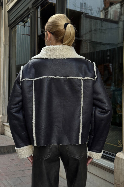 Siyah Çift Cepli İçi Suni Kürklü Biker Ceket BCVL-25V217