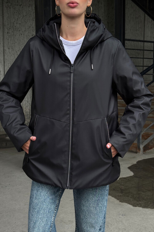 Siyah Çift Cepli Kapüşonlu Mont BCVL-254204