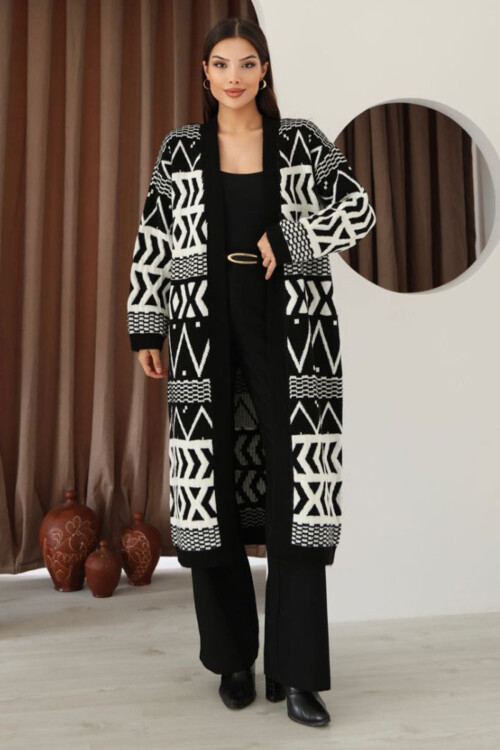Siyah Desenli Saçaklı Uzun Boy Triko Hırka BCES-253001
