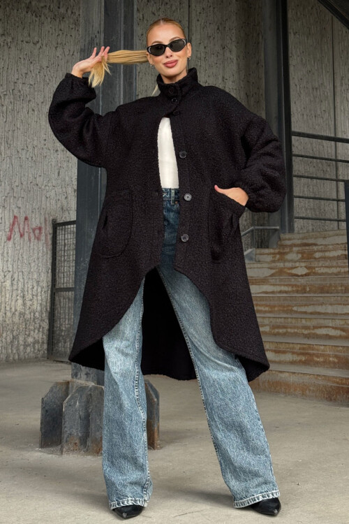 Siyah Geniş Çift Cepli Kalın Buklet Kumaş Kışlık Ceket   BCVL-25V600