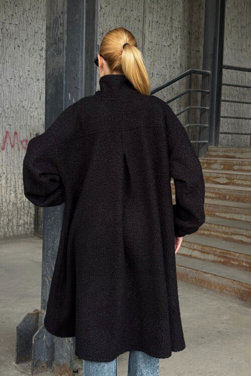 Siyah Geniş Çift Cepli Kalın Buklet Kumaş Kışlık Ceket   BCVL-25V600