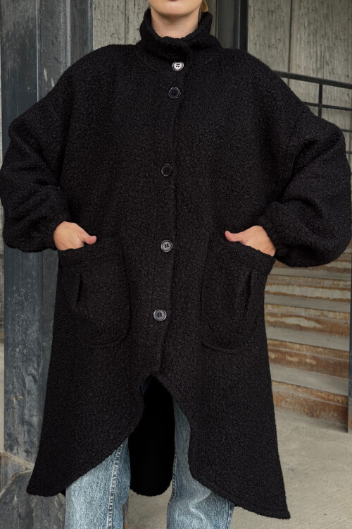 Siyah Geniş Çift Cepli Kalın Buklet Kumaş Kışlık Ceket   BCVL-25V600