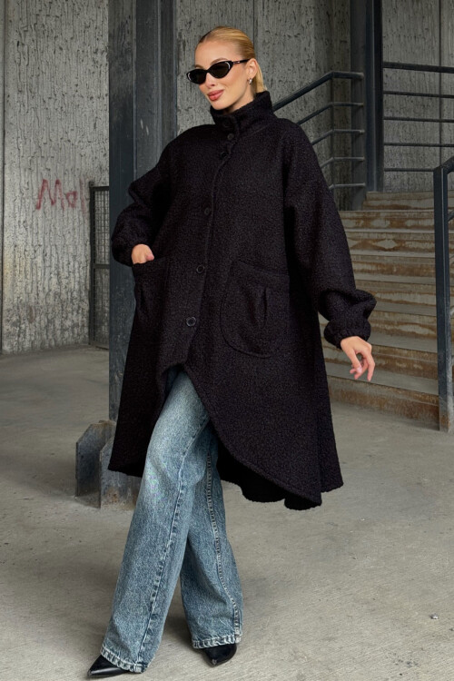 Siyah Geniş Çift Cepli Kalın Buklet Kumaş Kışlık Ceket   BCVL-25V600