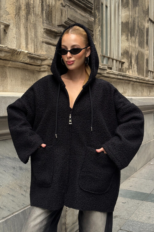 Siyah Kapüşonlu Çift Cepli Oversize Buklet Ceket Kaban BCVL-25V608