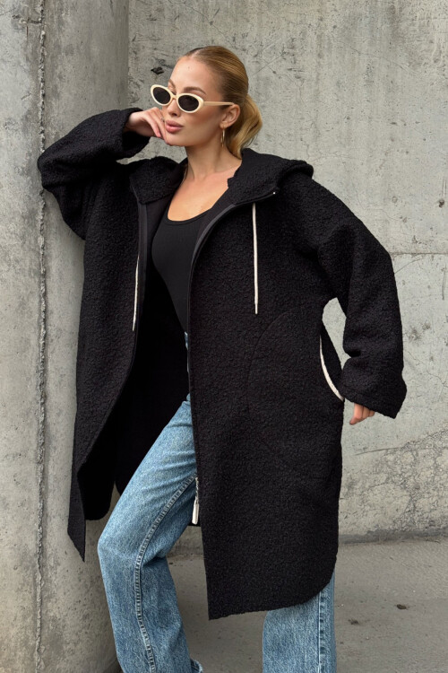 Siyah Kapüşonlu Çift Cepli Oversize Buklet Ceket Kaban BCVL-25V606