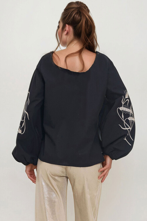 Siyah Kolları İşlemeli Poplin Dokuma Gömlek BCHESQ-251033